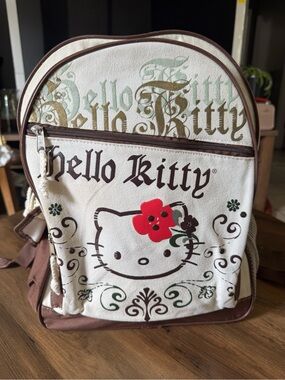 Hello Kitty Cream Backpack with Brown Trim and Red Flower